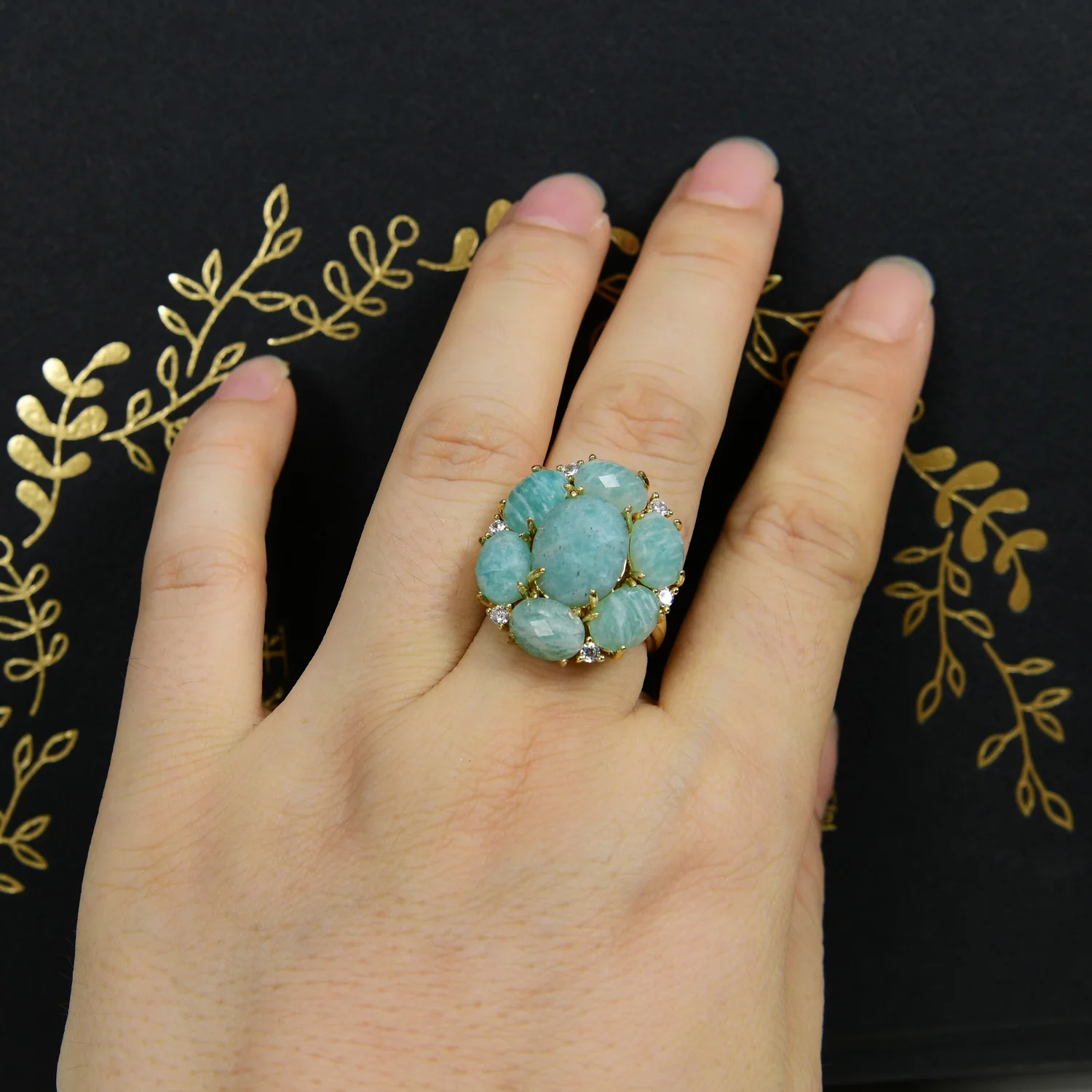 Natural Amazonite Blue Crystal Cubic Zirconia Flower Shape Ring -Fashion Gift