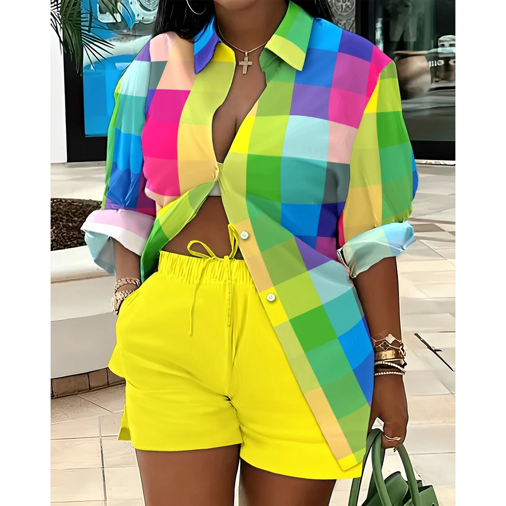 Casual Long Sleeve Two Piece Set for Women Plaid Buttoned Shirt & Solid Short Sets Streetwear Y2k 2023 Summer Clothes Outfits