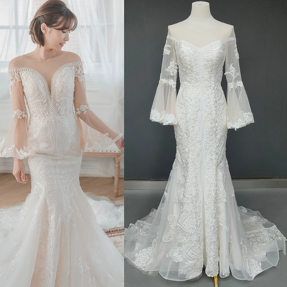 

Свадебное платье с длинными расклешенными рукавами, изысканное кружевное свадебное платье с бисером, сделанное на заказ прозрачное Тюлевое платье с юбкой-годе на спине и аппликацией, блестящие свадебные платья