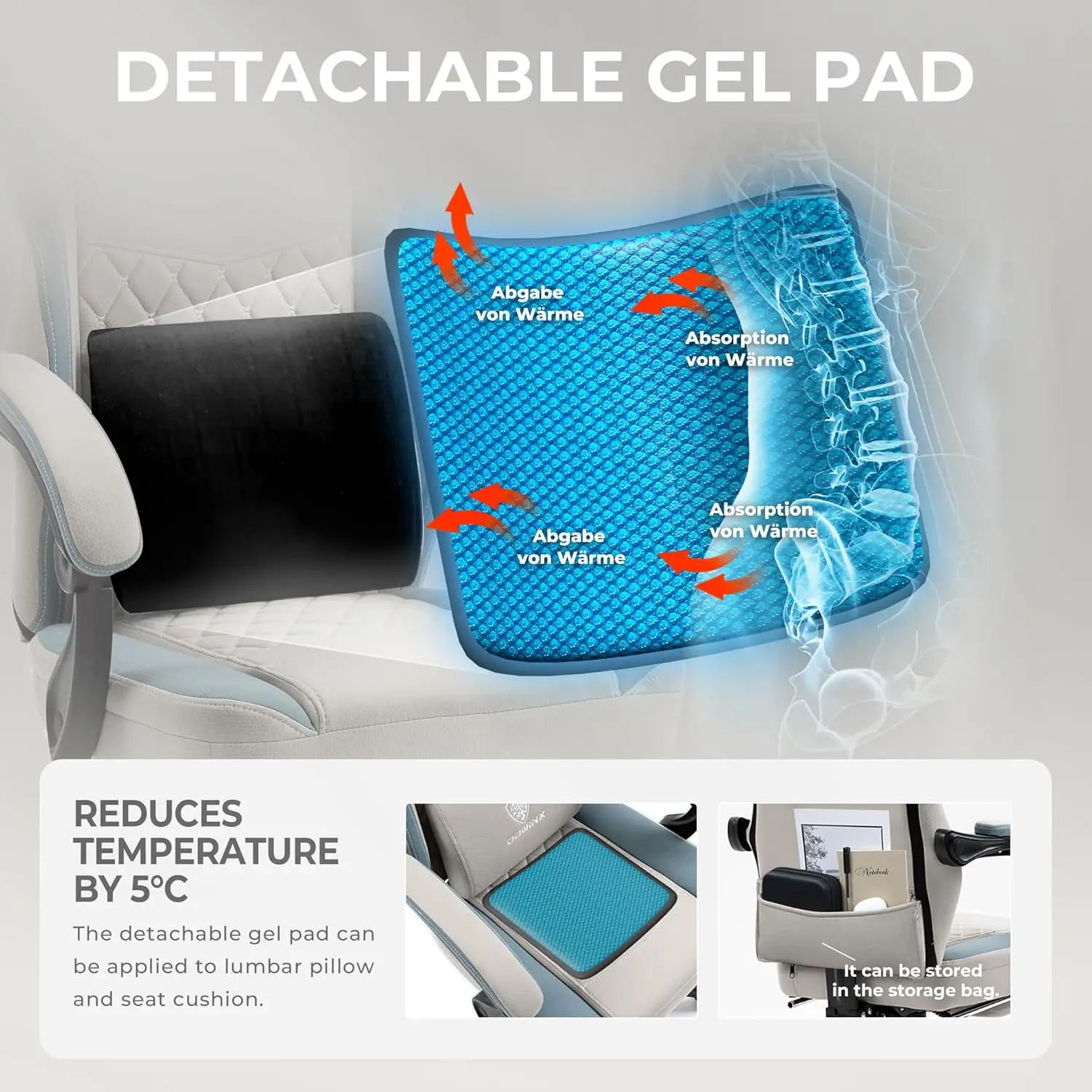 Dowinx Gaming Chair Breathable Fabric Computer Chair with Pocket Spring Cushion, Office Chair with Gel Pad and Storage Bag 4