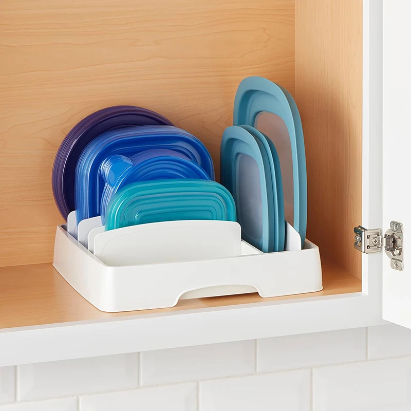 Adjustable Food Container Lid Organizer for Kitchen Cabinet Storage