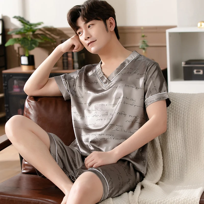 Mens Satin T-Shirt Male V Neck Short Sleeve Casual T-Shirt Loose Pajamas Tops Printing Loungewear Sleepwear Tees Tops