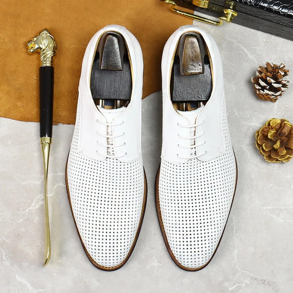 Men's Business Casual Oxford Shoes Real Cow Leather Comfortable Breathable Hollow Soft Leather Summer Shoes White Wedding