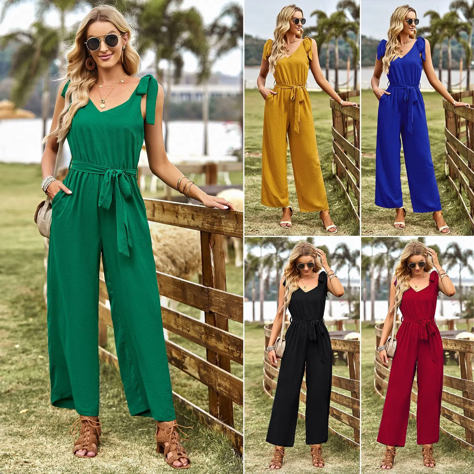 

Women Summer V-neck Lace Up Solid Color Sleeveless Waist Retraction Lace Up Commuting Versatile Casual Jumpsuits Rompers