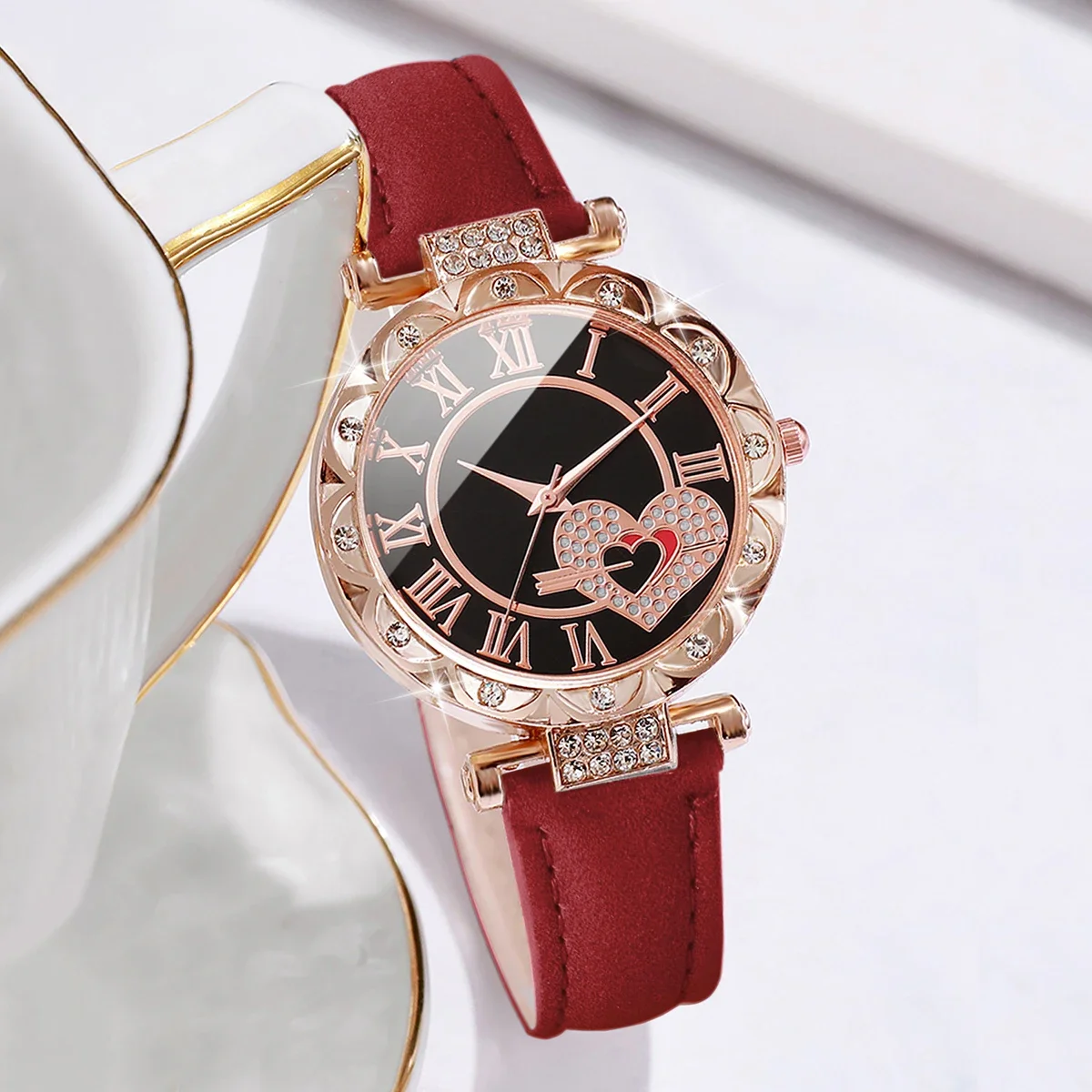 6PCS/Set Women's Watch Fashion Roma Heart Dial Leather Band Quartz Watches Leaf Bracelets Set(Without Box) 4