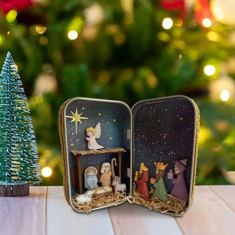 Christmas Nativity Cabin Box Set Tabletop Nativity Decoration Resin Figurines Hand-Painted Holy Family Religious Figurine