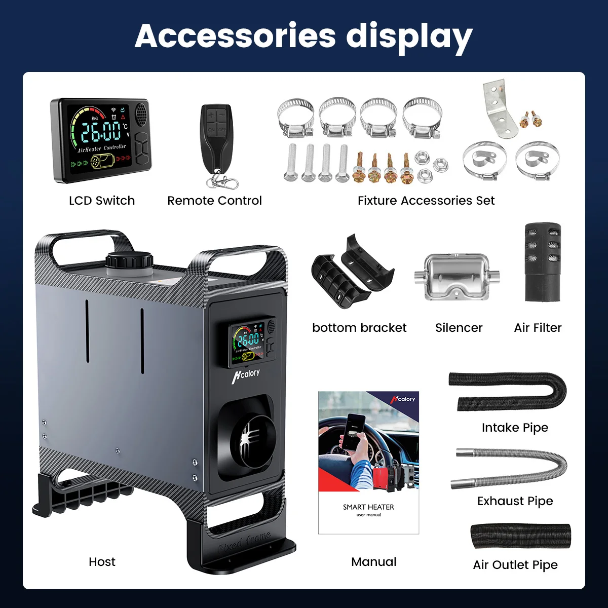 Hcalory 12V 24V Universal 5-8KW Car Parking Diesel Air Heater LCD Screen APP Remote Control Voice Broadcast With Silencer
