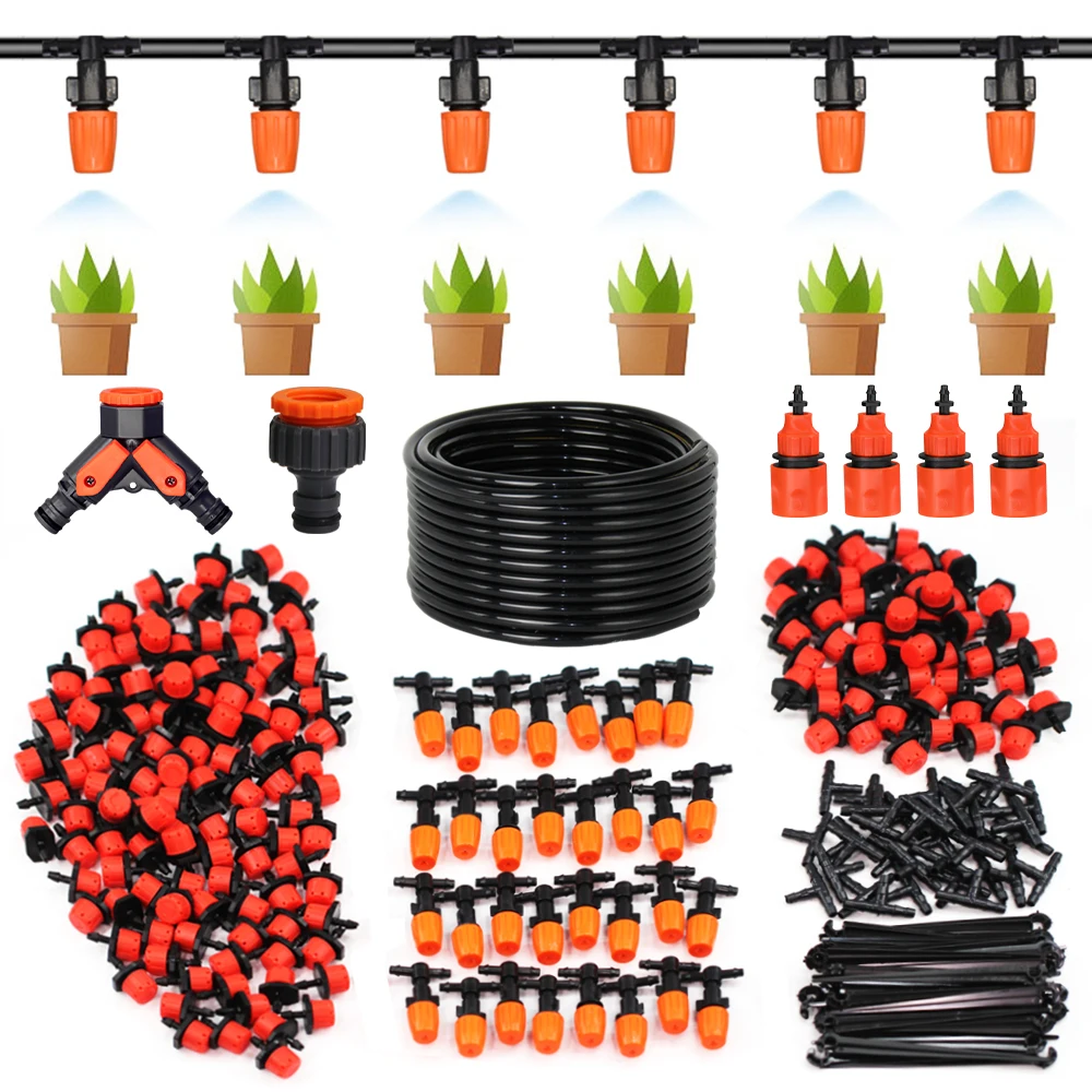 

10-50M Drip Irrigation Automatic Garden Watering System Kit Adjustable Misting Sprinkler Set 1/4'' PVC Hose Greenhouse Nozzle