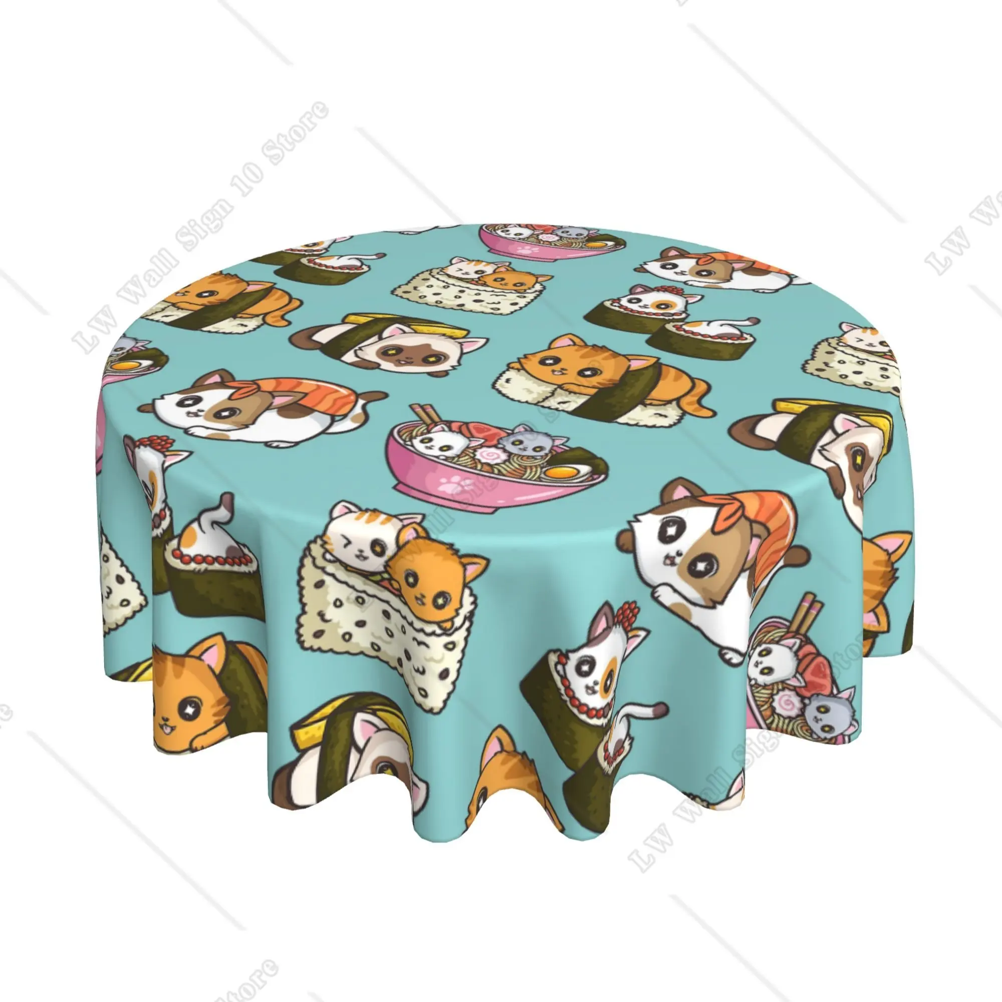 

Japanese Anime Food Sushi Cat Round Table Cloth 60 Inch Party Table Decoration Home Kitchen Tablecloth Waterproof Table Cover