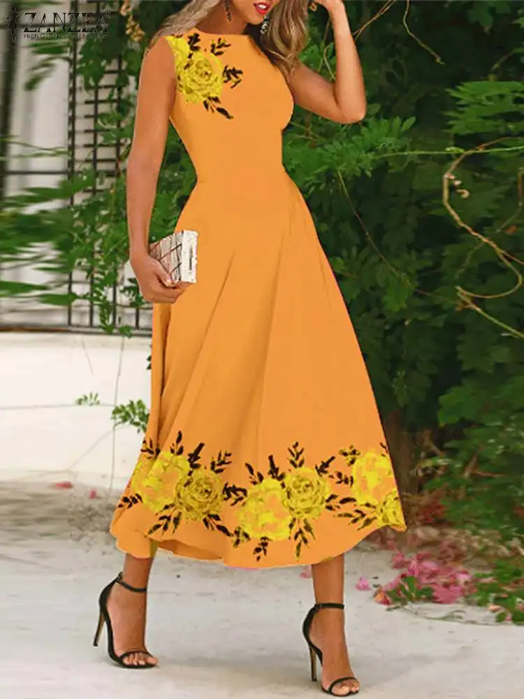 

Платье ZANZEA женское летнее с цветочным принтом, повседневный пляжный сарафан-трапеция в богемном стиле, модное миди-платье без рукавов с поясом