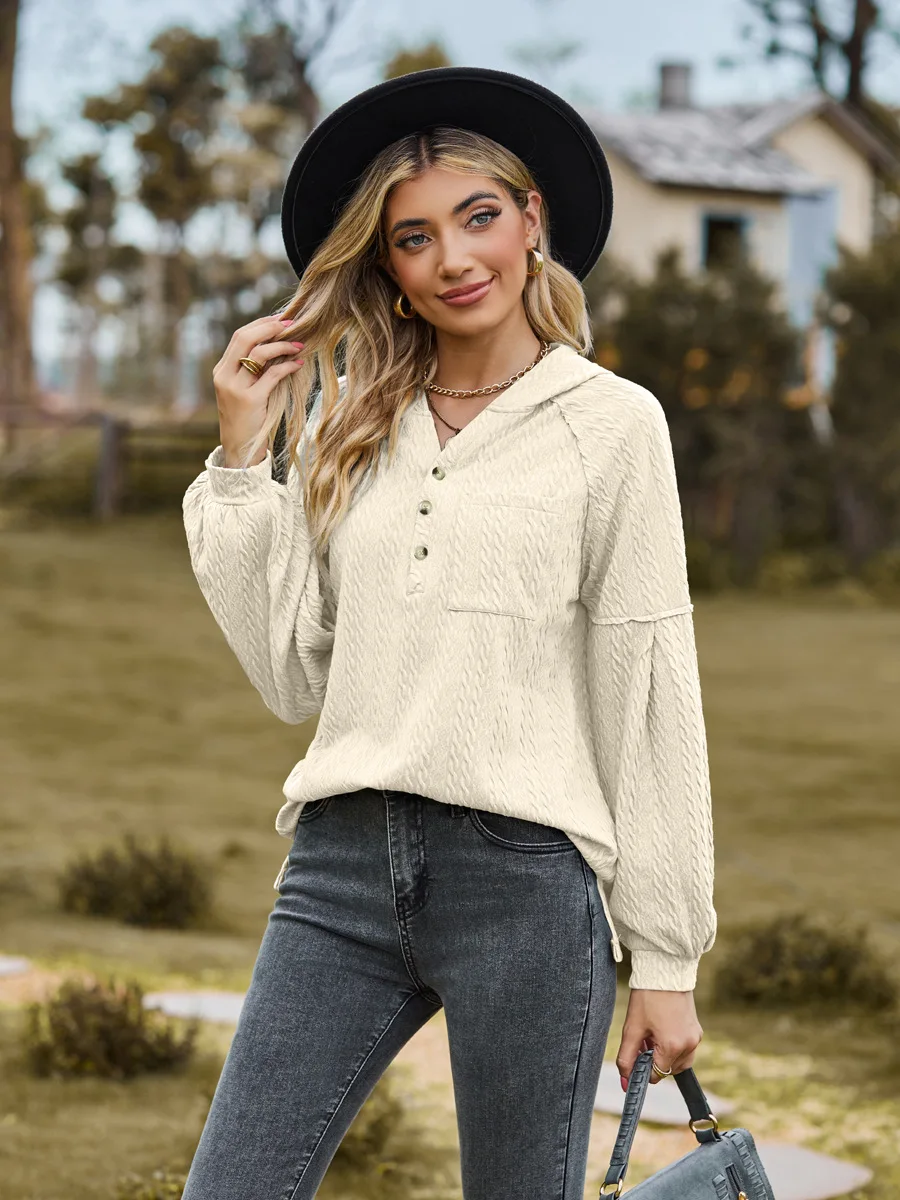 Fall/Winter 2023 New Solid Color Pocket Long Sleeve Loose Hooded Sweatshirt Woman