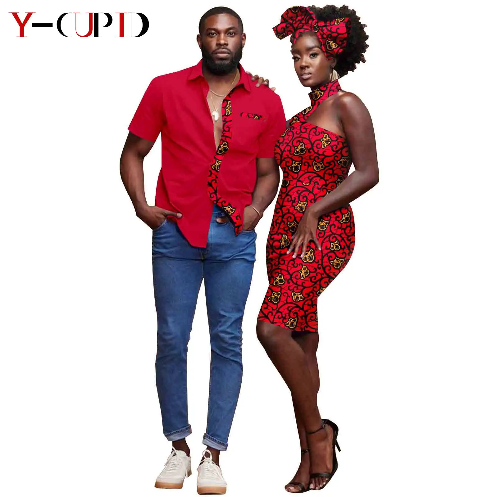 African Couple Clothes Dashiki Bazin Riche Sexy Baya Hip Dresses for Women Headwrap Matching Men Outfits Top Shirts Y22C084 [крокс]crocs hq baya ii 208192 100