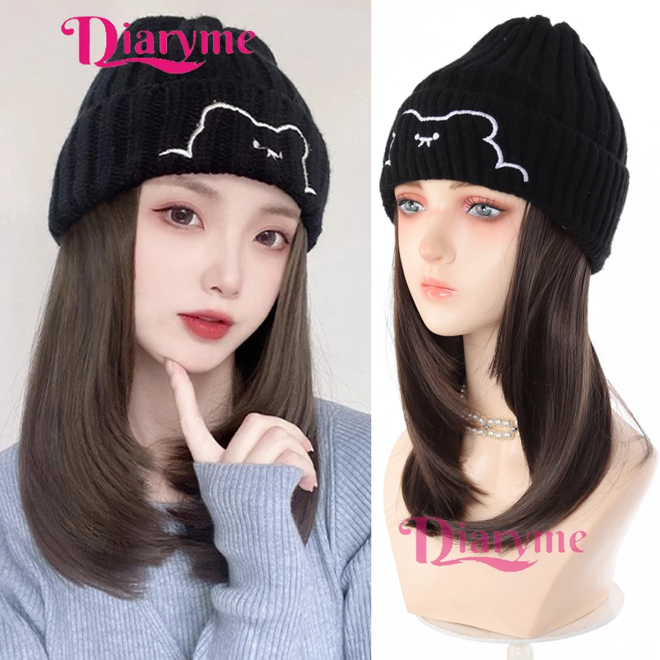 Long Hair Knitted Hat Synthetic Wig One-piece Curly Straight Full Head Cover Hat Wig Easy to wear Suitable for Any Occasion