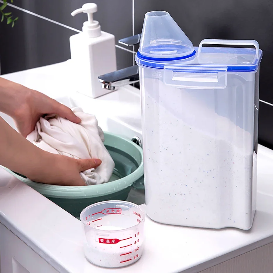 2KG Powder Storage Box Plastic Kitchen Rice Grains Container Bathroom Laundry Powder Detergent Case with Pour Mouth with Lid