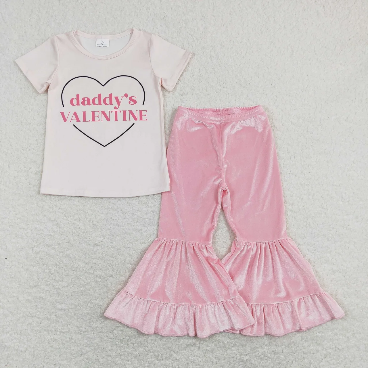 

Wholesale Children Daddy's Valentine Set Toddler Kids Short Sleeves Pink Shirt Outfit Baby Girl Velvet Bell Bottom Pants Clothes