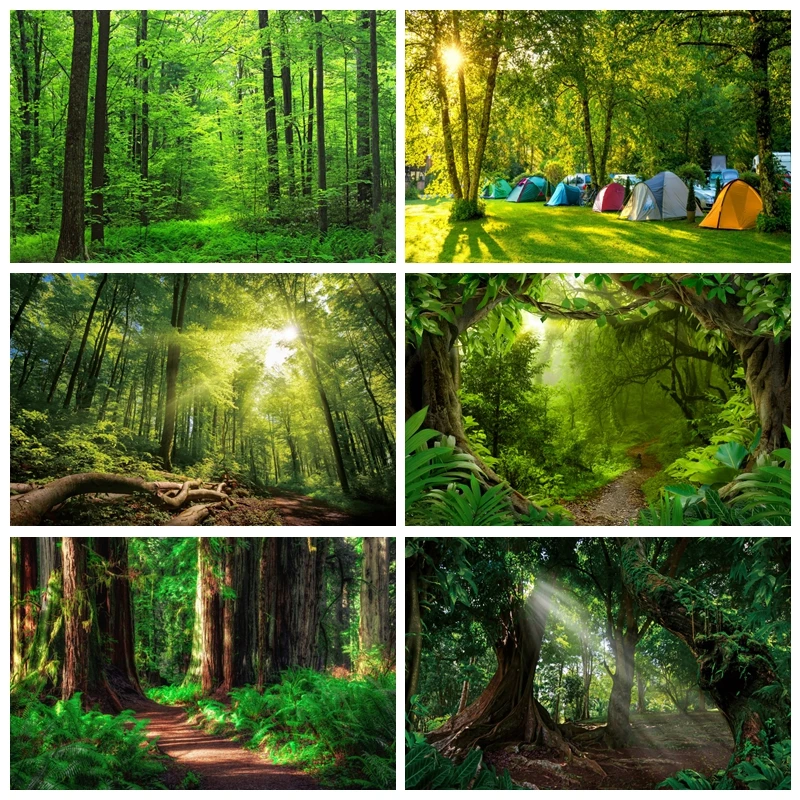 

Spring Green Forest Backdrops For Photography Baby Shower Adventure Camping Room Wall Decor Backgrounds Photo Photographic Props
