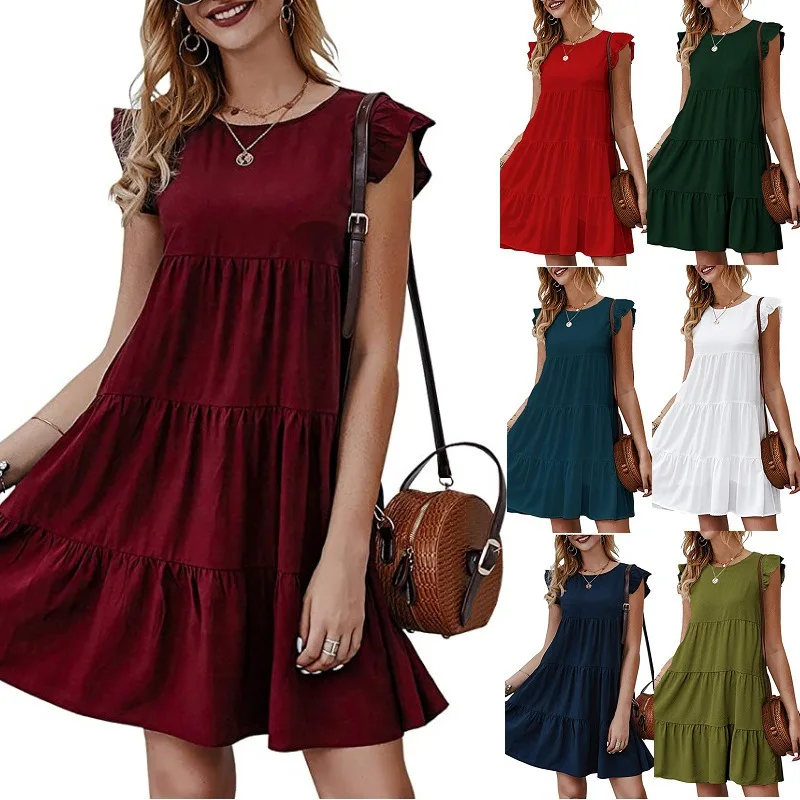 

California Lace Dress Summer Casual V Loose Color Solid Dresses Lace Fly Neck Sleeve Eyelet