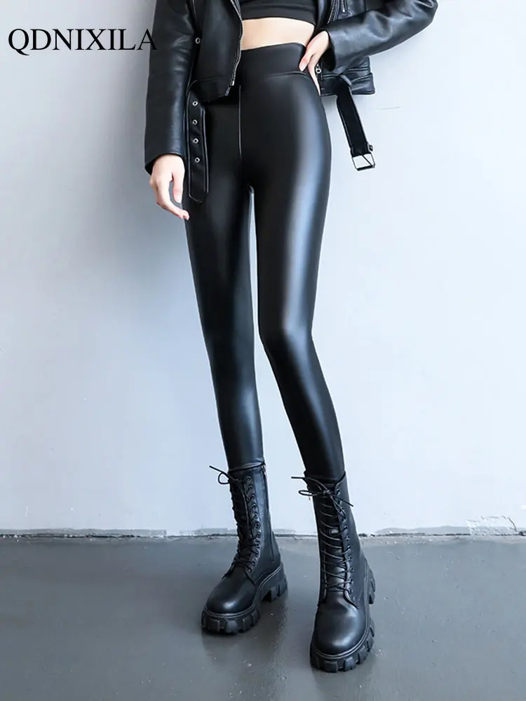 

2023 Autumer Winter High Waist PU Leather Soft Pants Black Leggings Women Sexy Thickened Warm Tights Trousers Stretch Fashion