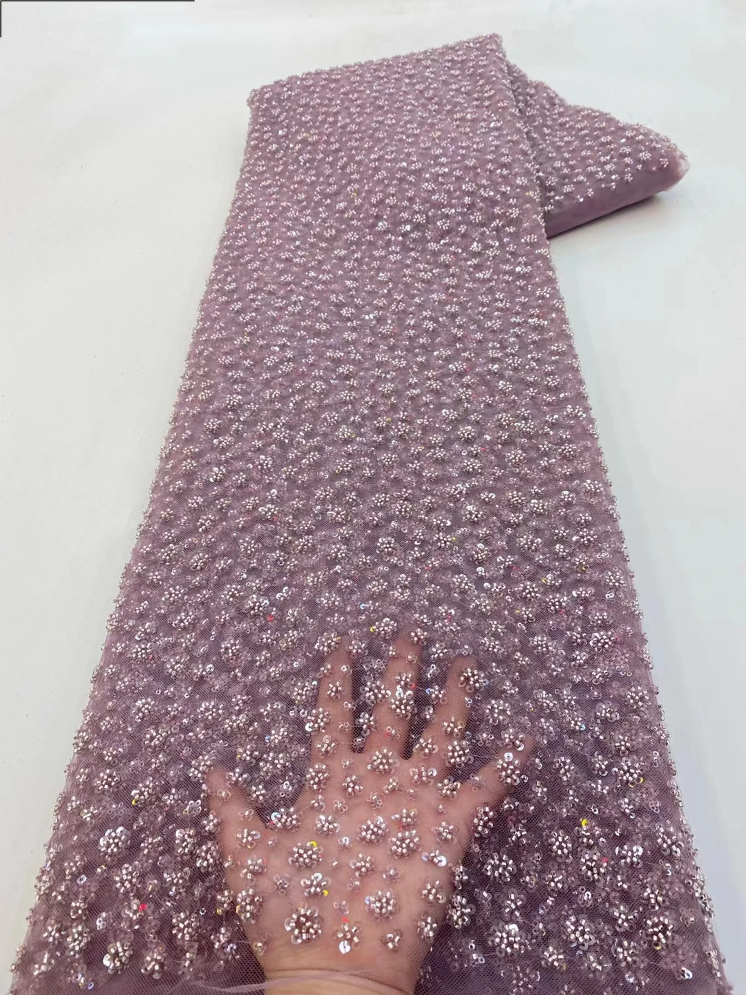 

Dusty Pink Evening Dress Fabrics Crafts Garment Mesh Net Cloth Sequins Tailor Beaded Tulle Lace