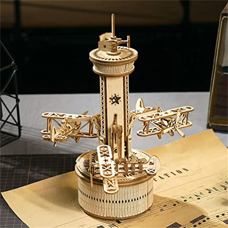 Robotime Roker 3D Wooden Puzzles for Adults DIY Musical Box Model Kit to Build Self-Assembly Building Kit Airplane-Control Tower — view 3