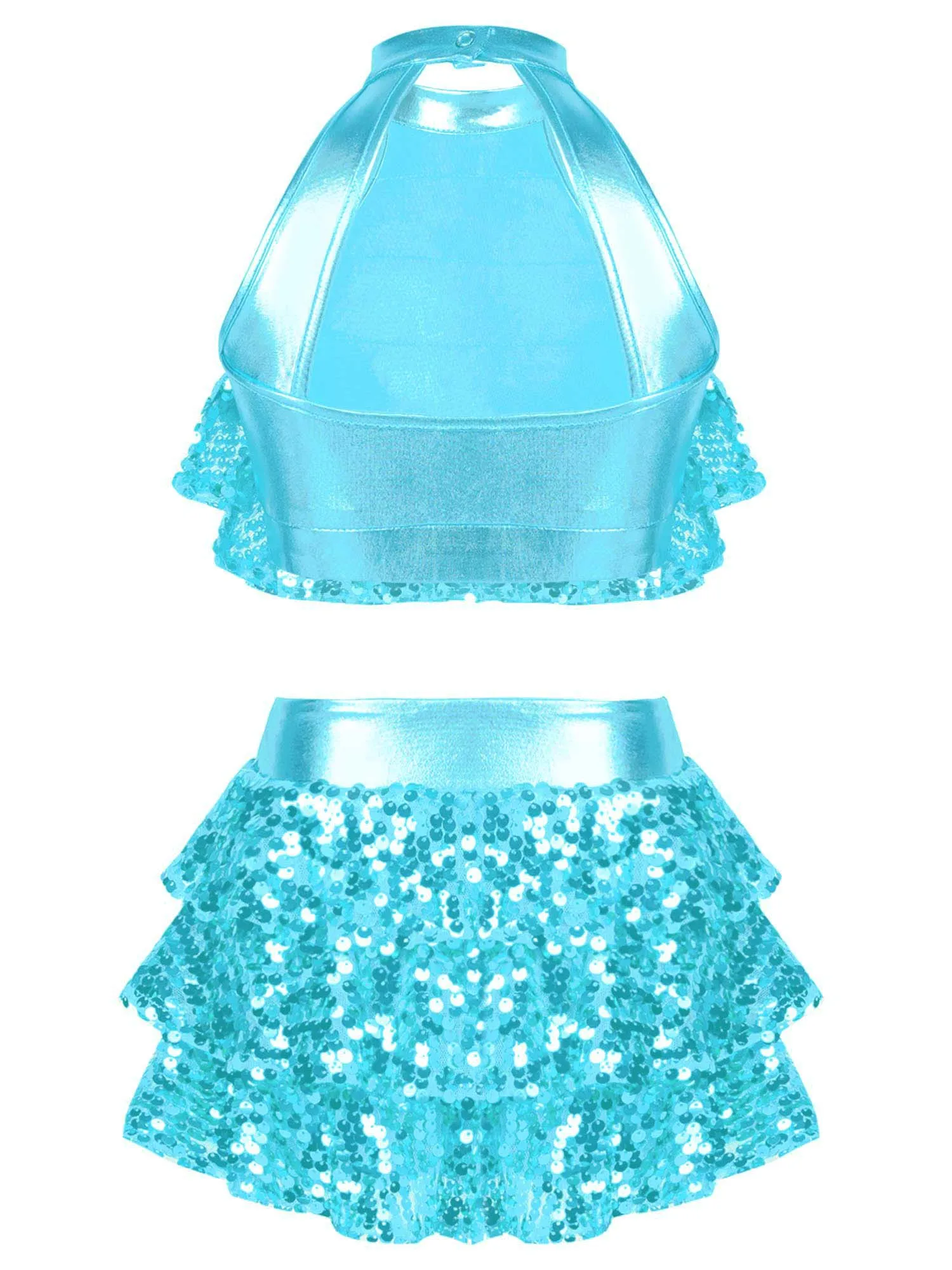 Kids Girls Stylish Clothing Sleeveless Round Collar Backless Shiny Sequins Tiered Crop Top with Elastic Waistband Skirt dance