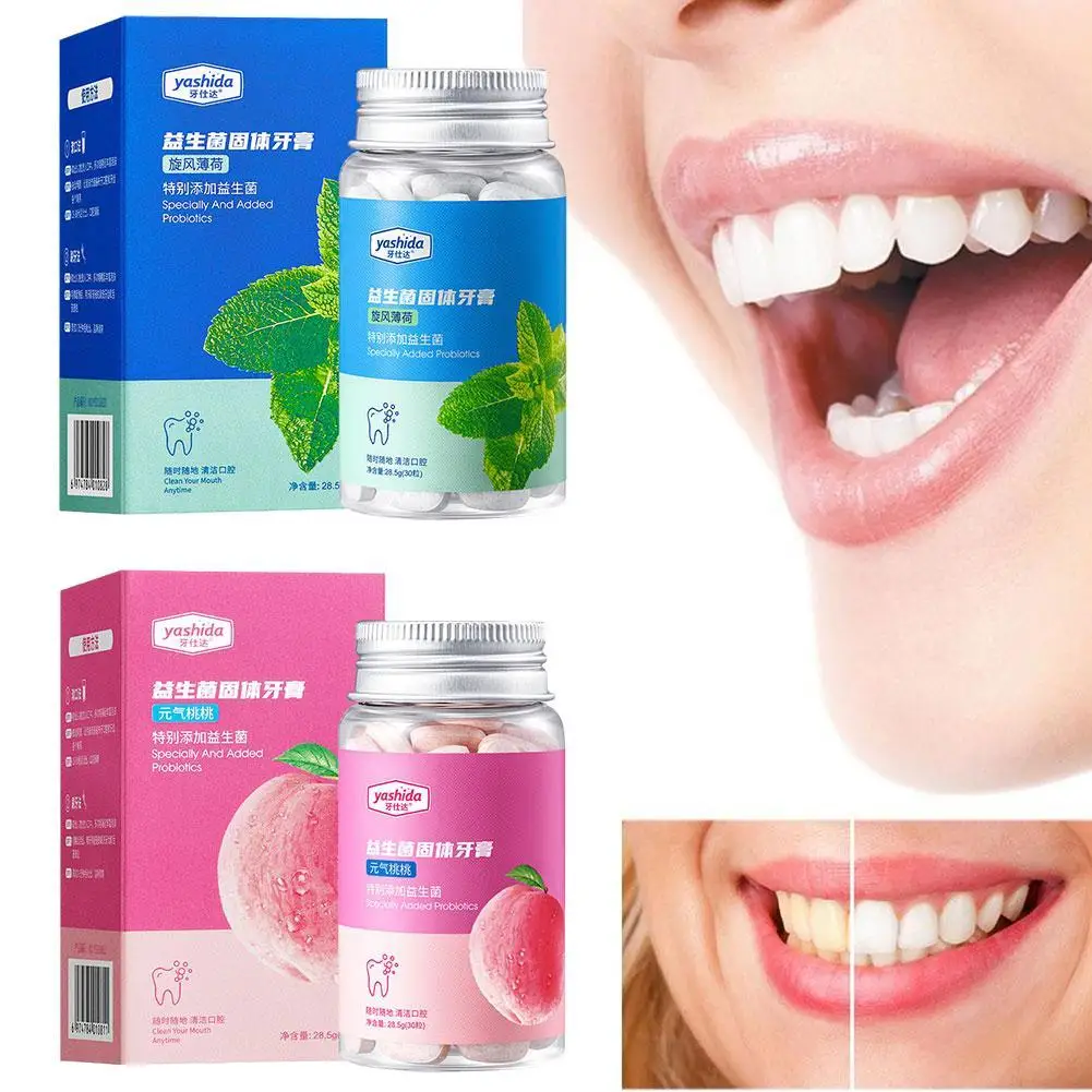 

2023 New Probiotic Solid Toothpaste Tablets Teeth Whitening Charcoal Remove Smoke Stains Bad Breath Fresh Mouthwash