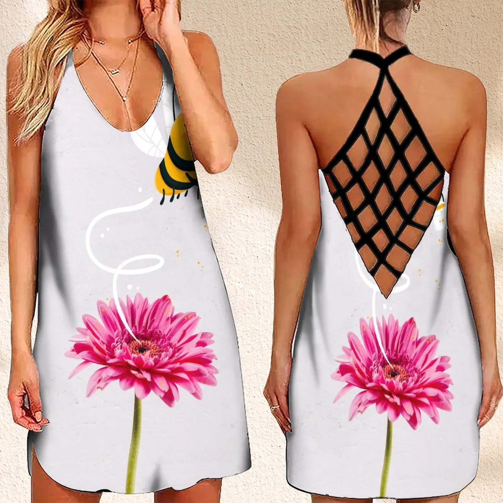 

Fashion Women's Criss Cross Backless Sleeveless Dress SummerBee Flower Print Beach Dress