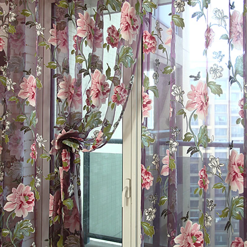 Floral Tulle Curtains Living Room Kitchen Bedroom Sheer Shade Window Treatments Curtains Panel Draperies Purple sheer curtains,window curtains,decor curtains,light filtering curtains