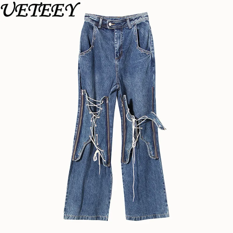 

2024 Spring Autumn New Blue Color High Waist Denim Pants Loose Tied Personalized Minority Design Flare Jeans for Women