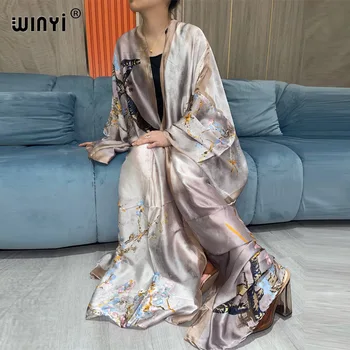 WINYI2022 holiday Boho Printed Long Kimono Dress Bikini Wrap Cover-ups Women Summer Clothes Beach Wear Swim Suit Cover Up kimono 1