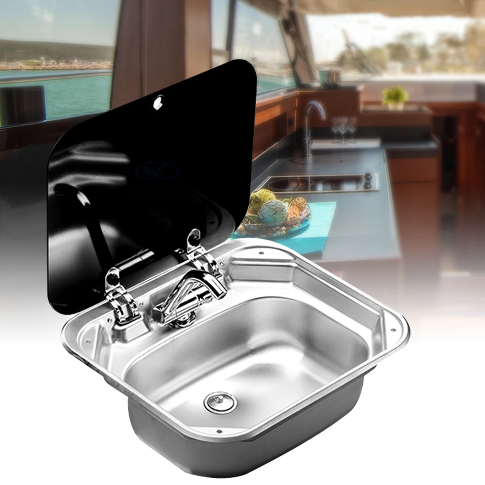 Stainless Steel Hand Wash Basin Kitchen Basin Sink with Lid Glass Lid Cold&Hot Faucet for RV Caravan Camper Boating