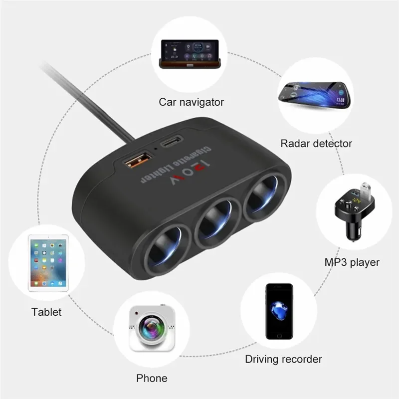 car charger 3 in 1 Dual USB Socket 120W Car Cigarette Lighter Splitter 12V 24V Fast Charger Plug Phone Power Adapter for Car DVR GPS Dashcam