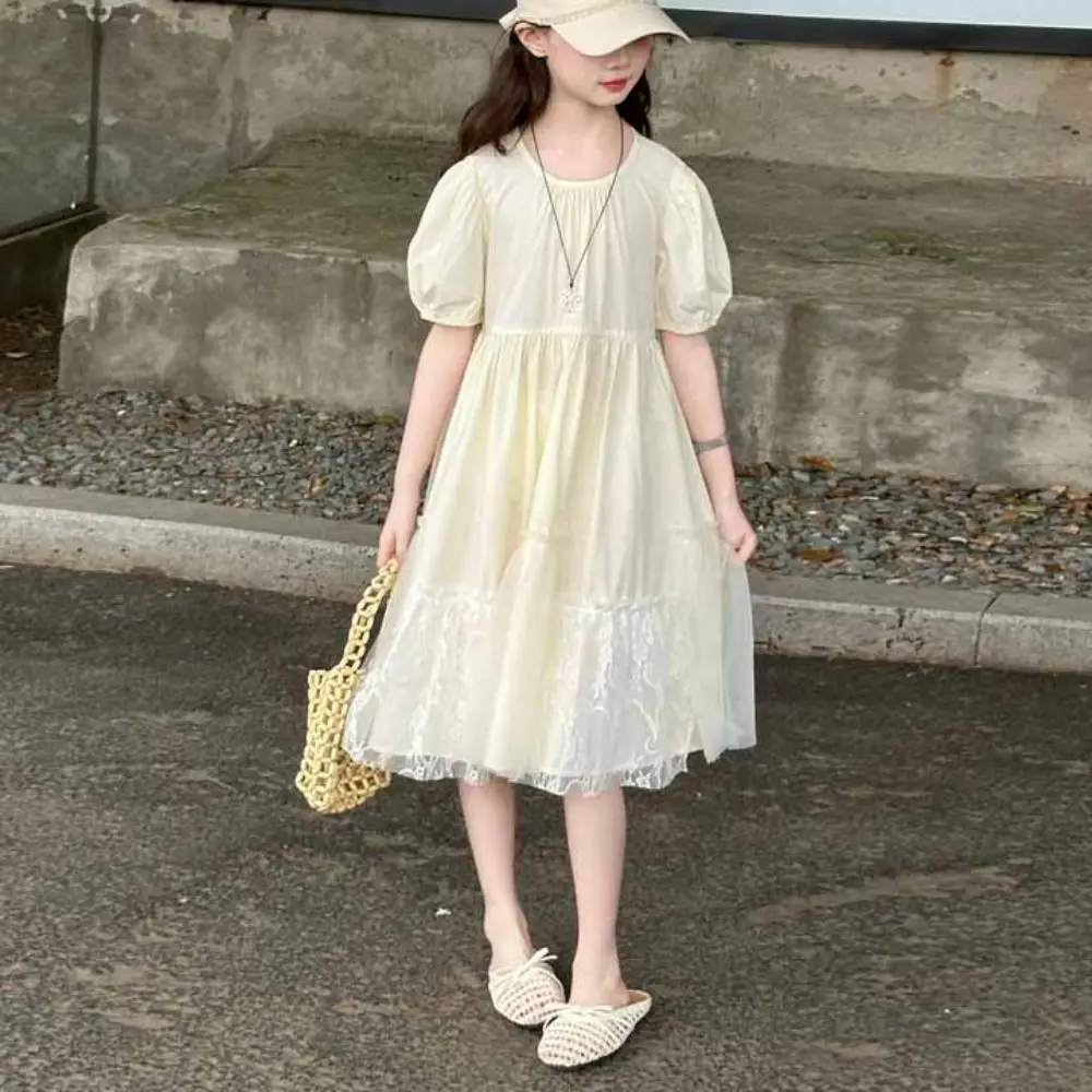 Fashion Loose Girls Puff Sleeve Dress Lace Teenagers Summer Kids Dresses Party Beach Vacation Children Princess Dress Students
