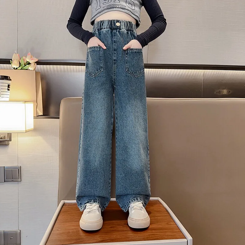 

Wide Leg Jeans for Girls Spring 2023 Casual Straight Pants Blue Fashion All-match Loose 8 10 12 Years School Teen Kids Trousers