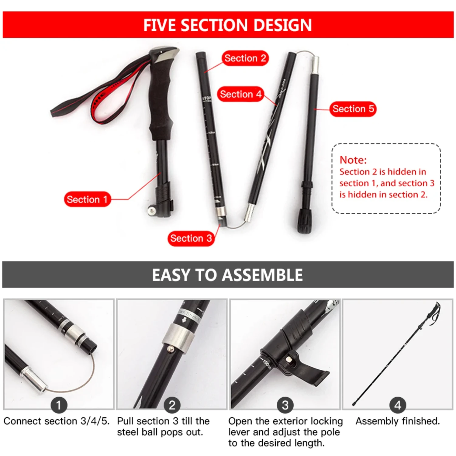 Lightweight Collapsible Trekking Pole Five-fold Walking Stick  Hiking Camping Backpacking Aluminum Alloy Trekking Pole 3