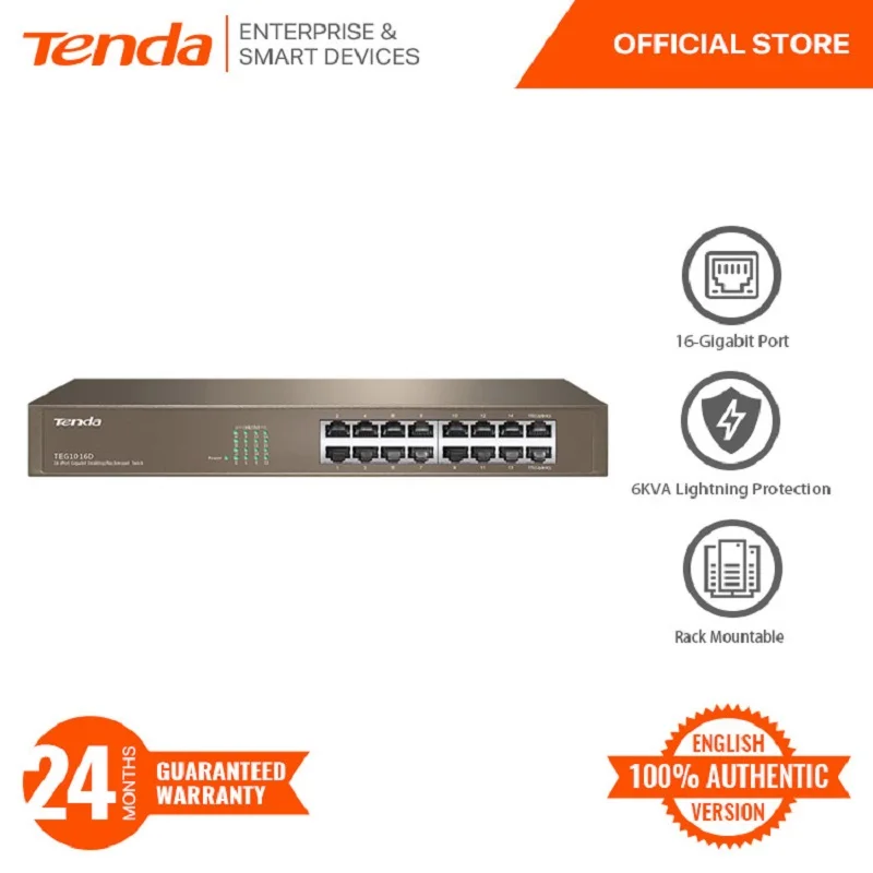 

Tenda TEG1016D v6 16-port Gigabit Ethernet switch, 6KVA lightning protection, rack mount