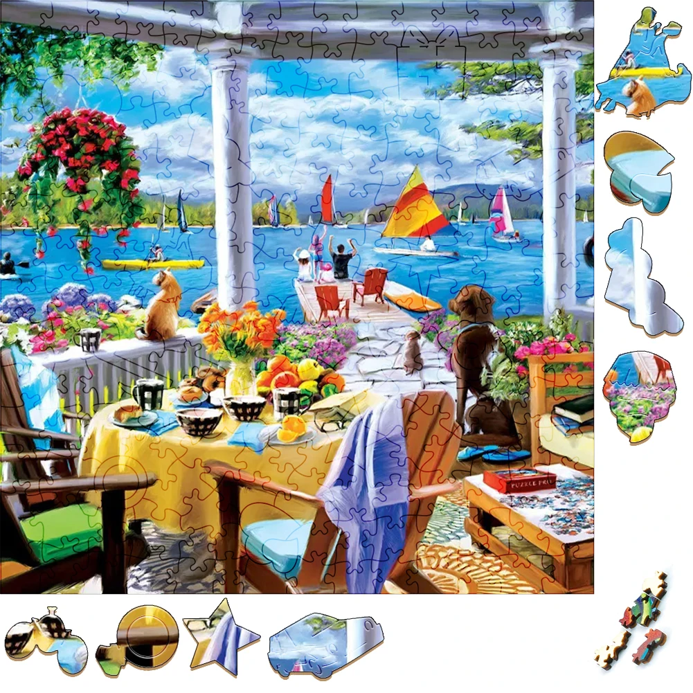 Funny Wooden Puzzles Seaside Dinner Oil painting Wood Jigsaw Puzzle Craft Irregular Family Interactive Puzzle Gift for Friend