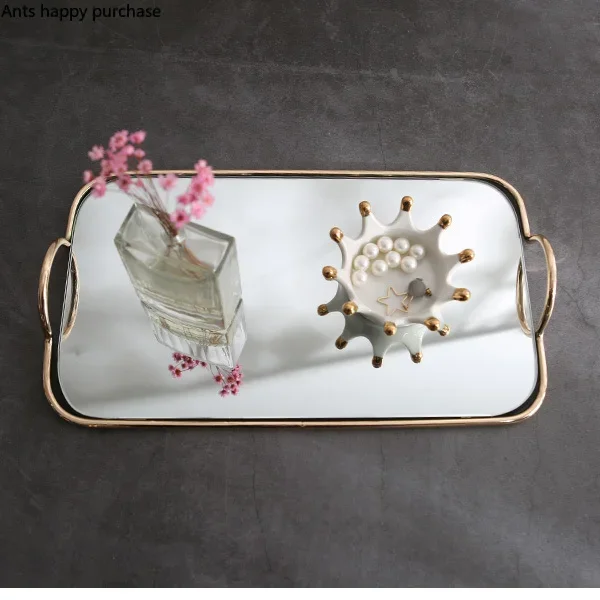 Metal Glass Mirror Storage Tray Gold Oval Dotted Fruit Plate Small Items Jewelry Display Tray Mirror 45*30cm/35*20cm 3