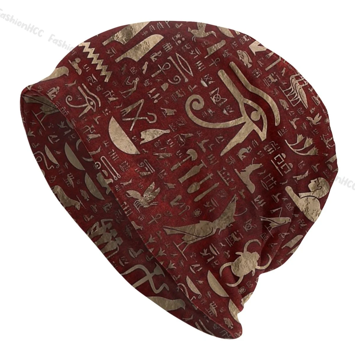 

Ancient Egypt Skullies Beanies Outdoor Hats Ancient Egyptian Hieroglyphs Red Leather Gold Thin Bonnet Hipster Caps Men Women's