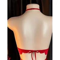 Lingerie rouge à col suspendu, Costume érotique pour adulte, soutien-gorge en V profond, sous-vêtements de femme sans entrejambe, robe ouverte de nuit sexuelle, body, combinaison Sexy 6