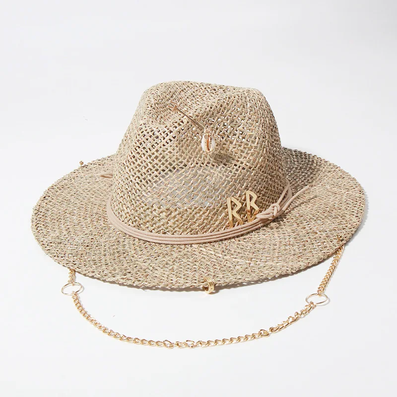 Women's Straw Sun Hat For Summer Beach With Decorative Letter Pin_voghion.com