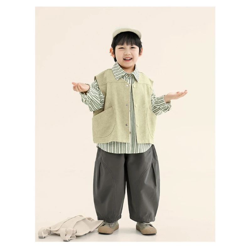새로운 어린이용 일본식 및 한국식 아우터, 조끼, 어린이용 패셔너블하고 심플한 상의, 남아용 조끼, 봄 의상