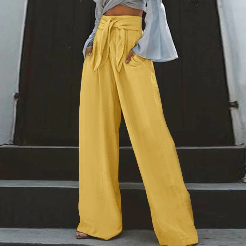 2024 Spring Summer Cotton Linen Long Pants Women Solid Color Leace-up Loose High Waist Wide Leg Pantalones Casual Lady Clothing