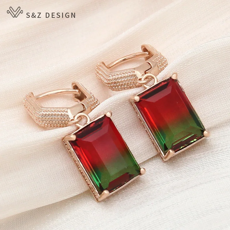 S&Z DESIGN Fashion Colorful Square Imitation Tourmaline Drop Earrings For Women Jewelry 585 Rose Gold Color Vintage Eardrop