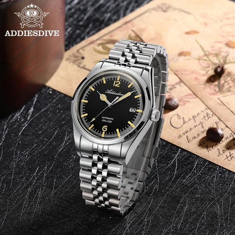 ADDIESDIVE Fashion Men Black Dial Stainless Steel Automatic Watch NH35 100M Diving Mechanical Watches Business AD2038 Wristwatch