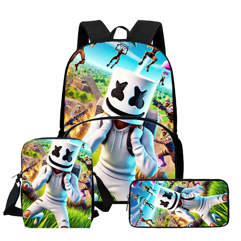 Fortnite Cartoon 3Pcs School Bag Set Unisex for Boys Girls, Backpack with Front Pocket, Lunch Bag and Pencil Case Best Gift 1