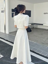  Fashion Korean Sweet Elegant 2 Piece Set Spring Summer Office Lady Skirt Suits Ruffles Polo Collar Knee-length Dresses for Women 