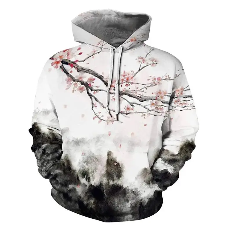 

20243d printed ink plum blossom pattern, men's hoodies fashion pullovers street pullovers