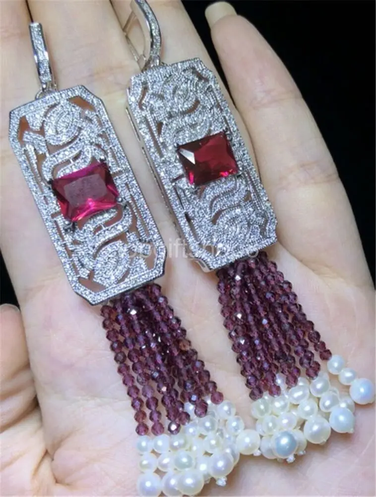 

freshwater pearl whiet and red garnet 3mm round faceted earrings + red zircon ho