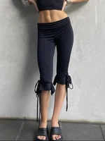 Women Capri Pants Solid Color Elastic Waist Tie-Up Summer Casual Cropped Pants Stretch Crop Leggings - Image 3